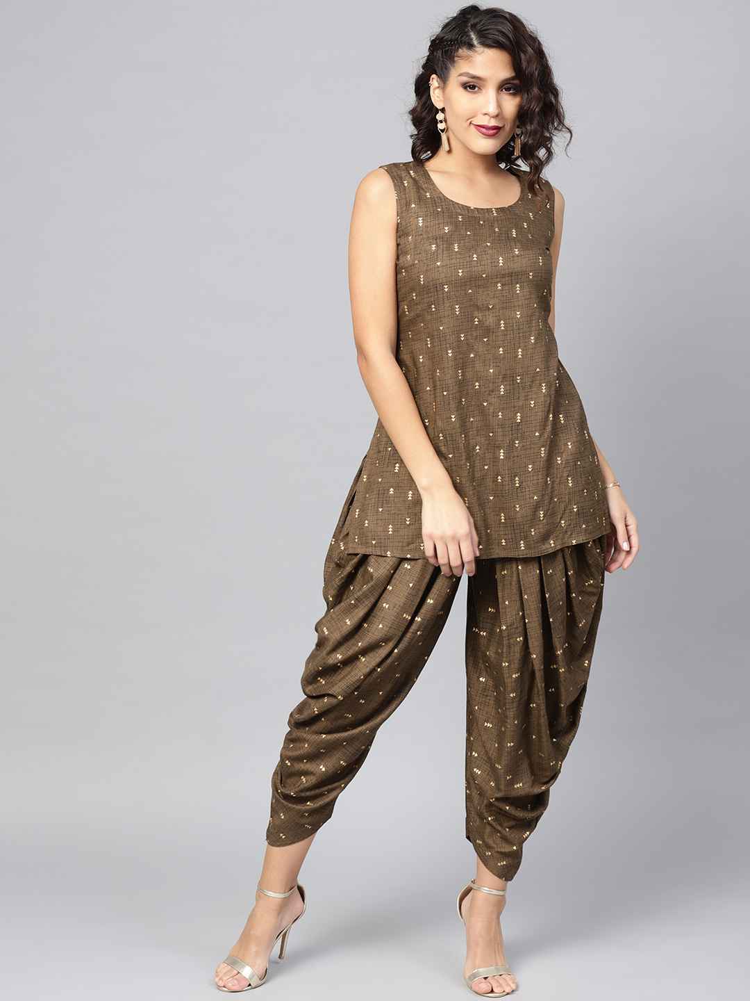 Libas-Women-Olive-Brown-and-Golden-Printed-Kurti-with-Dhoti-Pants-and-Ethnic-Jacket