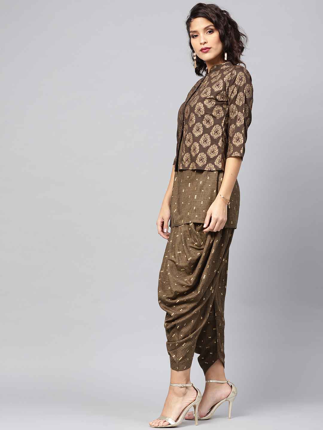 Libas-Women-Olive-Brown-and-Golden-Printed-Kurti-with-Dhoti-Pants-and-Ethnic-Jacket