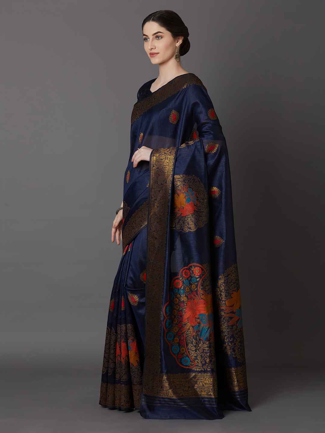 Mitera-Navy-Blue-and-Gold-Coloured-Silk-Blend-Woven-Design-Banarasi-Saree