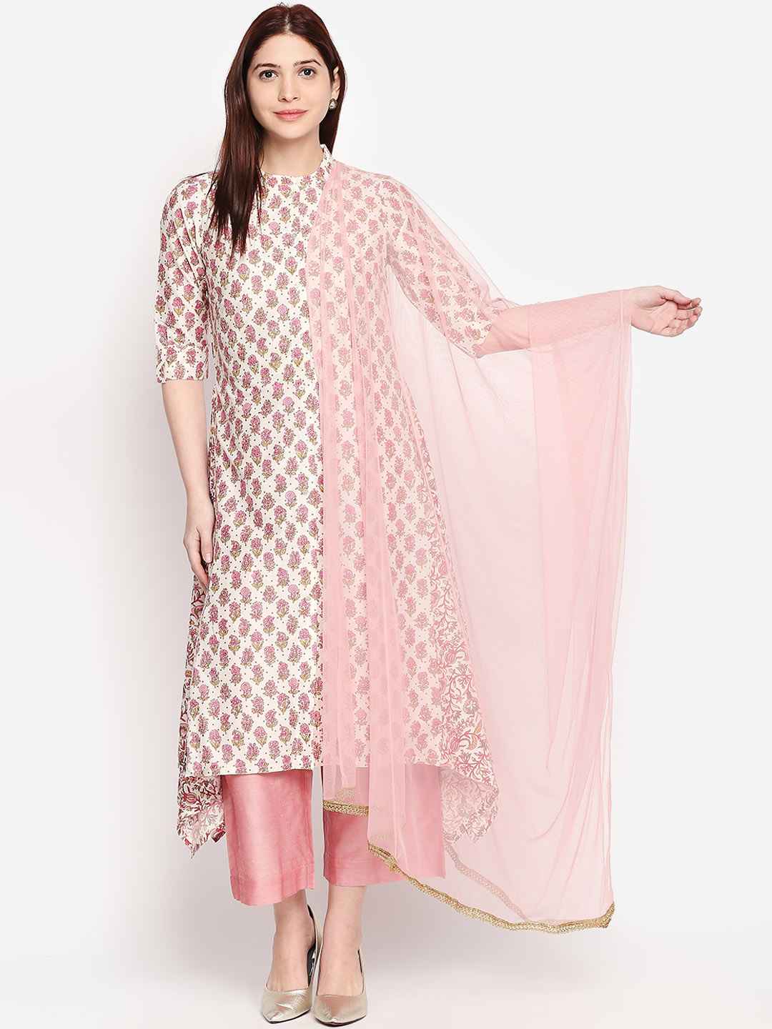 RANGMANCH-BY-PANTALOONS-Women-Off-White-and-Pink-Printed-Kurta-with-Trousers-and-Dupatta