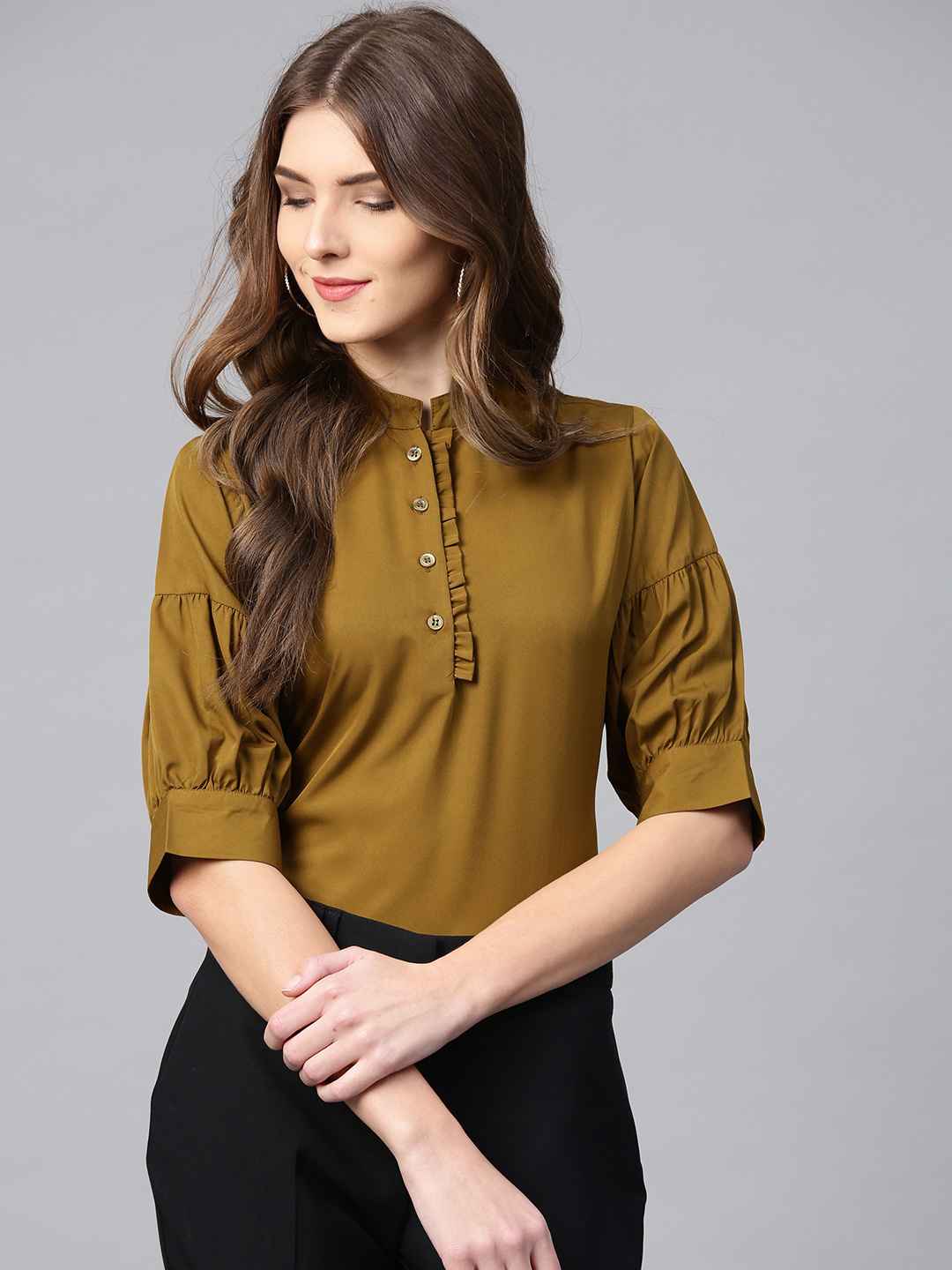 Ives-Women-Olive-Green-Solid-Shirt-Style-Top